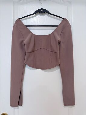 Abercrombie & Fitch Cropped Long Sleeve Top Small Brown Fitted Square Neck